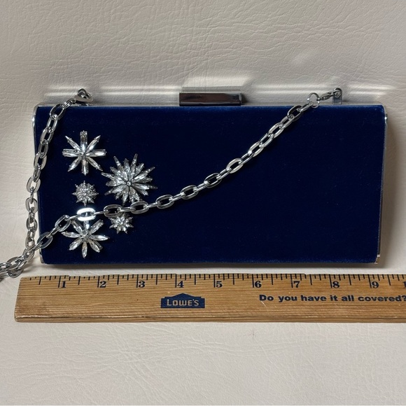 White House Black Market Royal Blue Velvet Clutch with Glass Crystal Flowers - Picture 6 of 7
